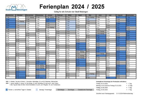 Ferienkalender Schuljahr 2024/25 Schulen der Stadt Metzingen