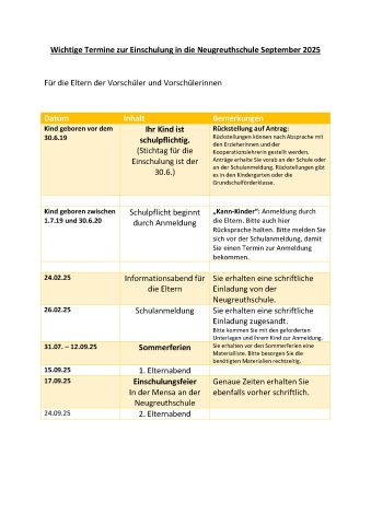 Wichtige Termine zur Einschulung in die Neugreuthschule September 2025